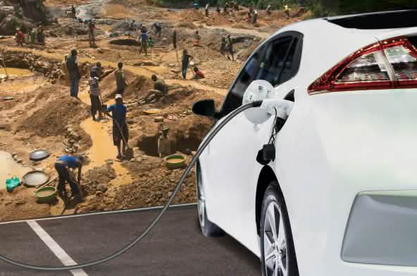 Fotomontaje: mineros en Congo y automóvil eléctrico
