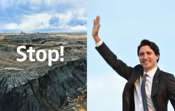 Fotomontaje: paisaje de mina de arenas bituminosas a la izquierda y presidente de Canadá Justin Trudeau a la derecha, saludando