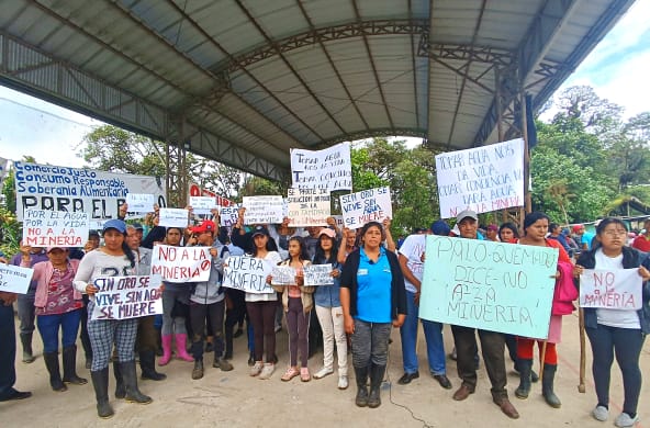 Un grupo de personas protesta en contra de la minería con pancartas en la mano