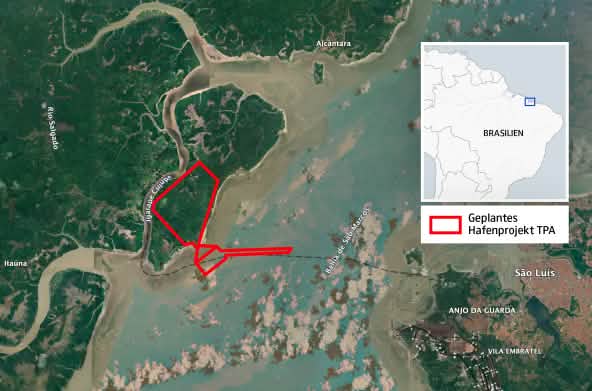 Mapa que muestra la ubicación de los límites del proyecto portuario TPA