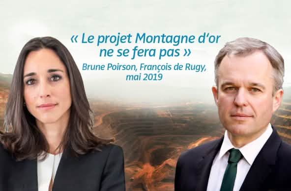 Fotomontaje: Brune Poirson y François de Rugy frente a una mina a cielo abierto