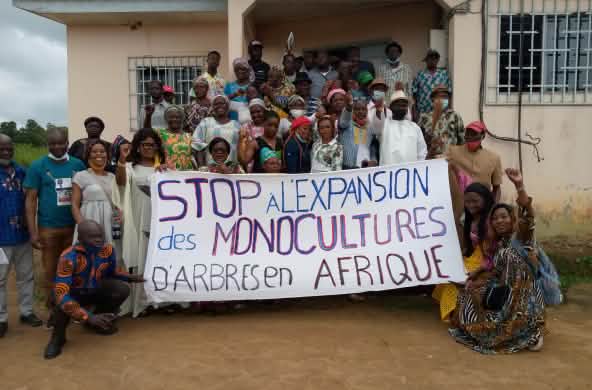Grupo de personas afectadas protestan con una pancarta en la que se lee (en francés): “Detengan la expansión de los monocultivos de árboles en África”
