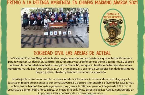 La sociedad civil Las Abejas de Acteal recibirán premio "Mariano Abarca" a la defensa ambiental en Chiapas
