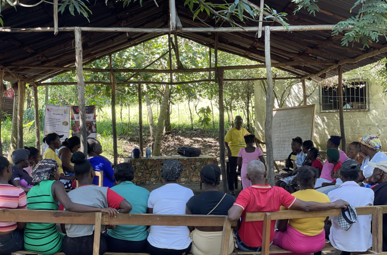 Varias personas sentadas de espaldas atienden las explicaciones impartidas durante un taller de comportaje en Haiti