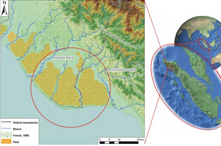 Los últimos bosques que quedan en las turberas de Tripa necesitan protección, por los orangutanes y por el clima. Aquí se encuentran señalados sobre un mapa.