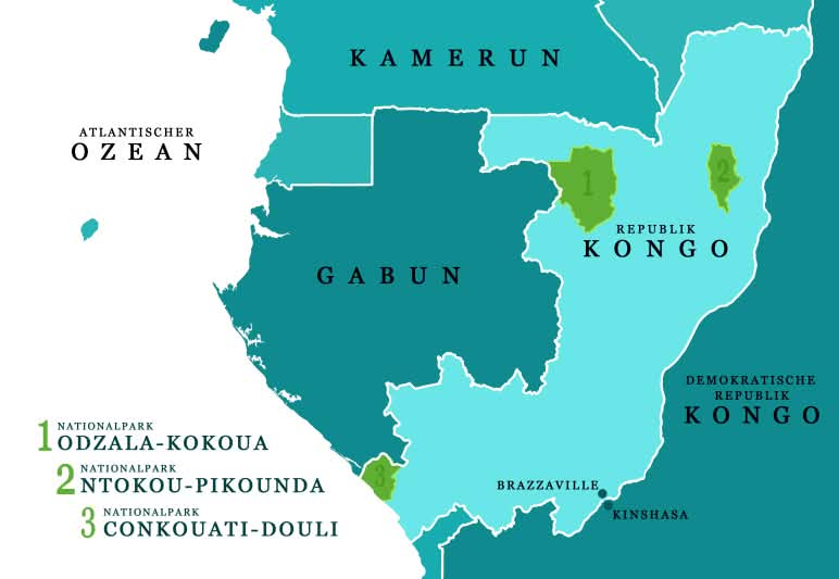Mapa de la República del Congo y de los países vecinos, en el que figuran tres parques nacionales: Odzala-Kokoua, Ntokou-Pikounda y Conkouati-Douli
