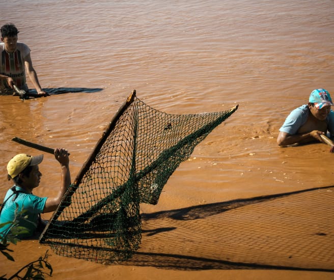 Tres personas pescan con redes tradicionales en el río Pilcomayo, en Paraguay