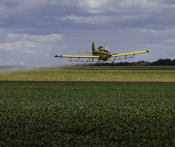 Pulverización aérea de pesticidas sobre monocultivos de soja