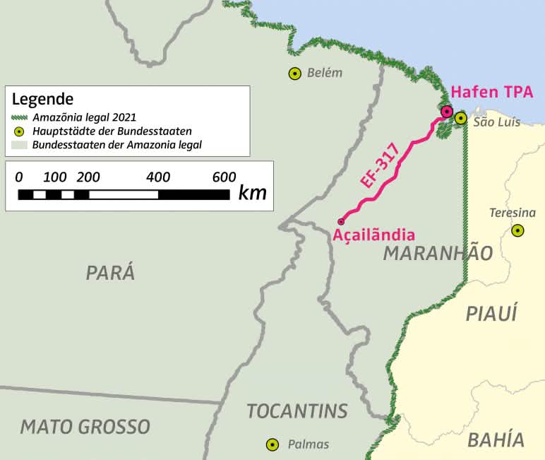 Sección cartográfica del nordeste de la Amazonia legal brasileña (Amazônia legal 2021) con la localización del puerto TPA y de la línea ferroviaria EF-317 (Fuente: IBGE, GPM). Mapa que muestra la ubicación del puerto TPA y la línea ferroviaria de mercancías EF-317 en la Amazonía legal en Brasil
