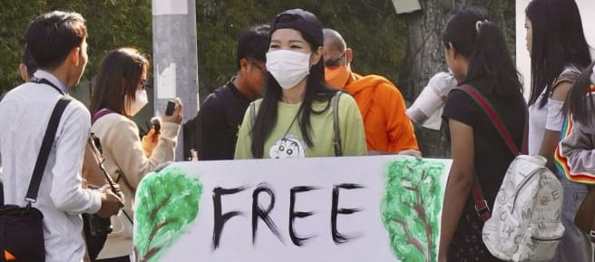 Joven mujer con un gran cartel en el que se lee «¡Liberad a los activistas de Mother Nature!».