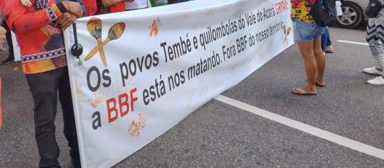 Comunidades indígenas y quilombolas protestan en contra de la expansión del monocultivo de palma aceitera con pancarta "BBF nos está matando. Fuera de nuestro territorio"