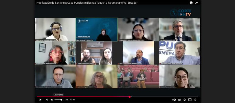 Captura de pantalla Youtube Corte Interamericana de Derechos Humanos CIDH Ecuador, durante la lectura de la sentencia en favor de los pueblos indígenas en aislamiento voluntario