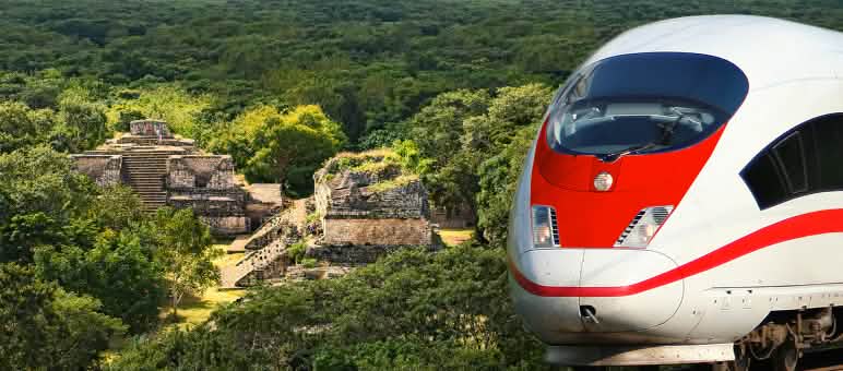 Fotomontaje: Selva Maya y tren, paisaje de las ruinas de Ek Balam