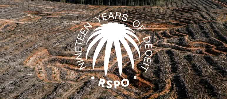 Collage con el sello de la Mesa Redonda de Aceite de Palma Sostenible RSPO sobre una superficie talada de selva tropical