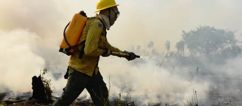 Una persona con vestimenta de protección frente al fuego y una mochila de agua a la espalda arroja agua sobre los restos de vegetación que arden en el suelo