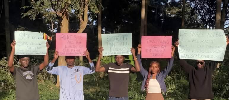 Manifestación de dos hombres y dos mujeres, que sostienen unas pancartas en alto en protesta por la deforestación