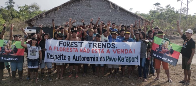 Con brazos extendidos y puños cerrados, más de 30 personas Ka'apor se agrupan de pie en protesta, frente a una casa con pilares de madera y techo de paja. Algunos de ellos sostienen una pancarta con la leyenda: "Forest Trends, el bosque no está en venta.