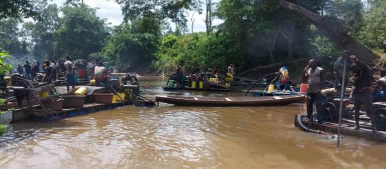 Cerca del Parque Nacional Taї hay cientos de buscadores de oro ilegal en los ríos Buscadores de oro en un río en Costa de Marfil