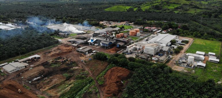 Vista aérea de la planta procesadora de aceite de palma de la empresa Dinant.