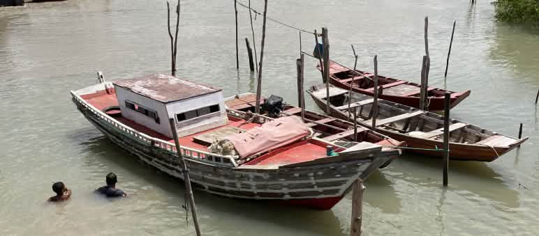 Tres barcas de pesca y dos bañistas en las aguas turbias de un manglar