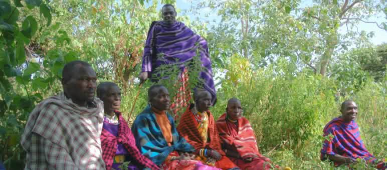 Un grupo de hombres masái sentados en la hierba  con coloridas vestimentas