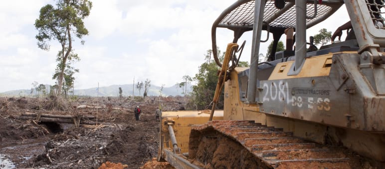Excavadora en primer plano destruyendo la selva tropical