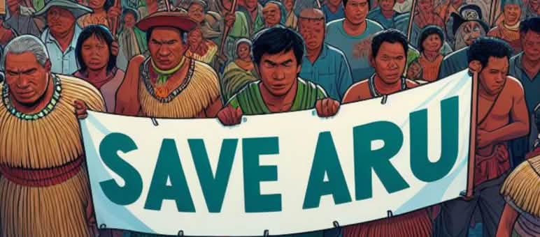 Ilustración de una multitud con pancartas «Save Aru», con el mar y barcos al fondo