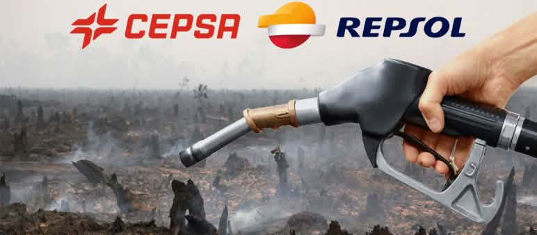 REPSOL destruye la selva y no es cooperación al desarrollo Fotomontage mit Tankstellenzapfhahn vor verbrannten Regenwald. Darüber die Logos der span. Ölfirmen CEPSA und REPSOL