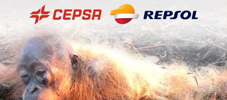 Orangután en agonía, con logos Repsol y Cepsa