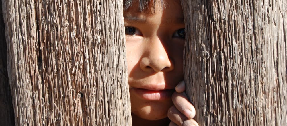 Tímida mirada de un niño entre dos maderos
