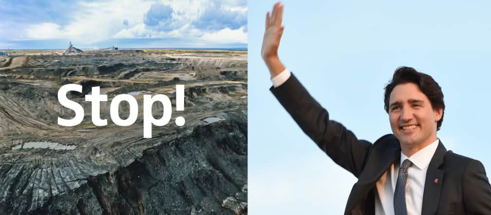 Petróleo de arenas bituminosas... ¡no hay nada peor para el medio ambiente! El primer ministro canadiense Justin Trudeau tomará la decisión sobre una nueva mina en cualquier momento. Fotomontaje: paisaje de mina de arenas bituminosas a la izquierda y presidente de Canadá Justin Trudeau a la derecha, saludando