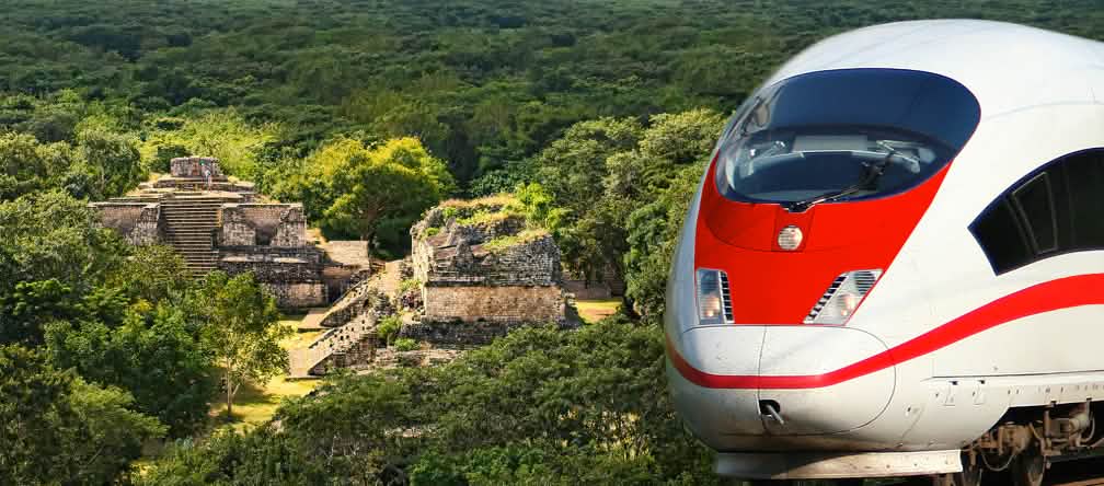 Comunidades indígenas rechazan planes de construir el llamado Tren Maya Fotomontaje: Selva Maya y tren, paisaje de las ruinas de Ek Balam