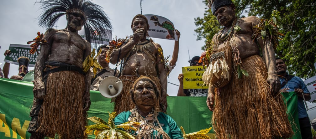 Cuatro indígenas Papúa con vestimenta tradicional sostienen pancartas de protesta