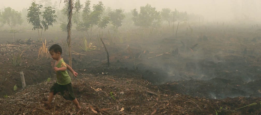 Niño caminando sobre una turbera en llamas en Katingan, Borneo