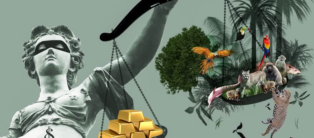 Usando los tribunales de arbitraje para abusar La balanza de la justicia, oro, selva, desequilibrio
