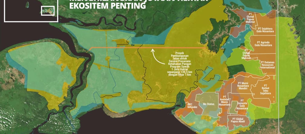Mapa de Merauke con concesiones de tierras para la producción de azúcar y arroz