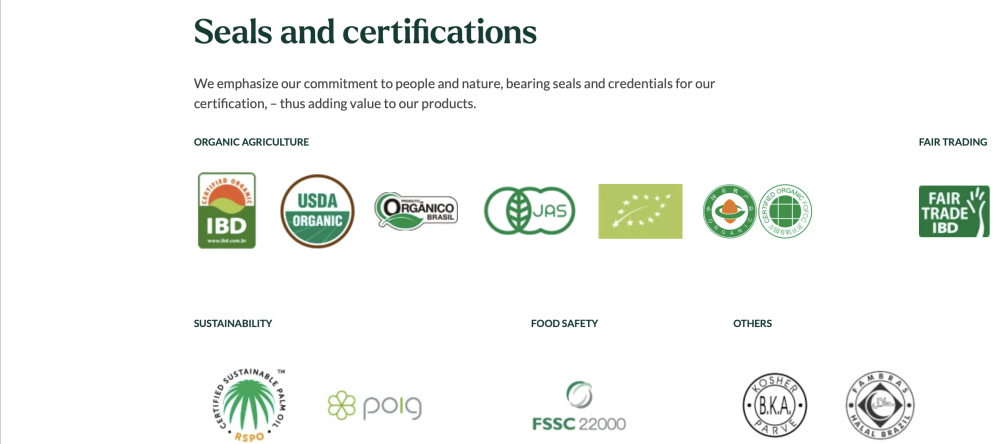 Captura de pantalla de la página web de Agropalma con los logotipos de los distintos "sellos" concedidos a la empresa.