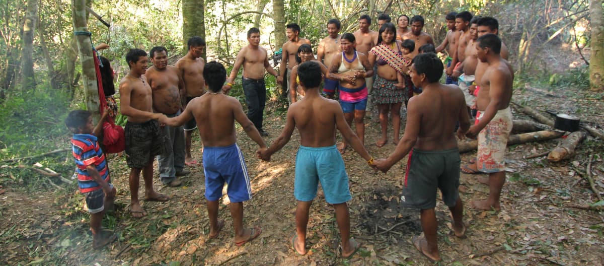 Indígenas ka'apor -niños, mujeres y hombres- situados entre los árboles, unen sus manos y forman un círculo