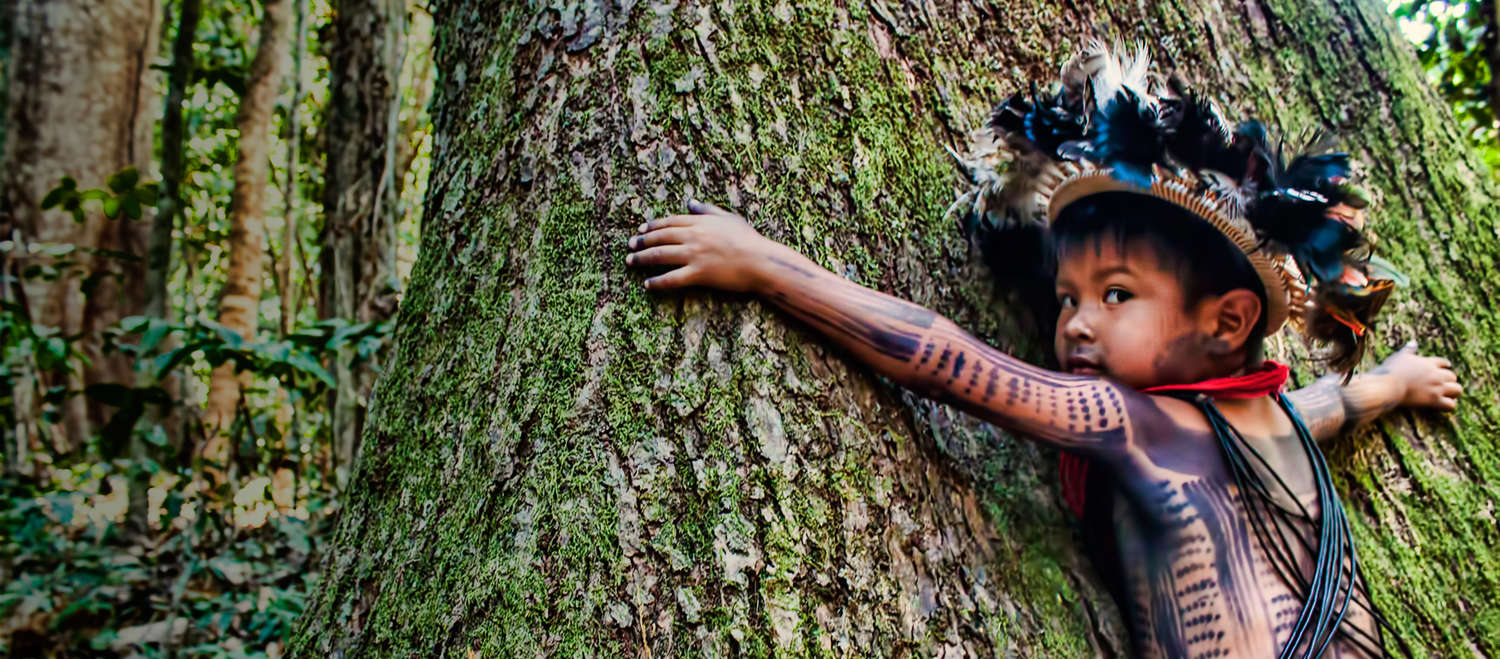 Niño abrazando un árbol