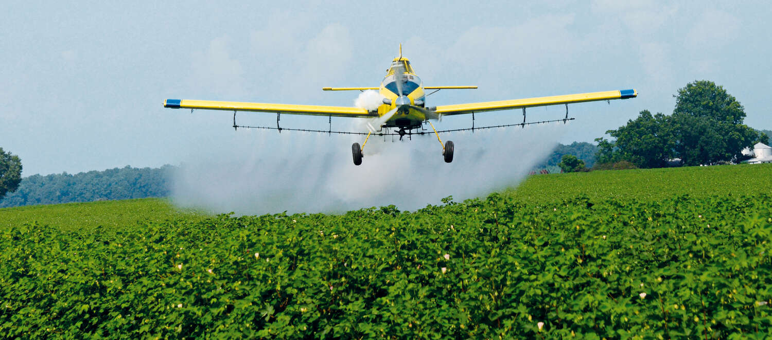 Avión fumiga un campo de soja con glifosato