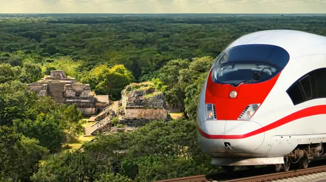 Comunidades indígenas rechazan planes de construir el llamado Tren Maya Fotomontaje: Selva Maya y tren, paisaje de las ruinas de Ek Balam