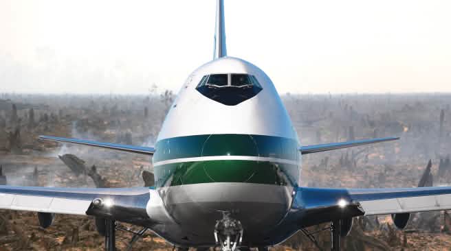 Obviamente, volar no es "ecológico" Avión sobre selva destruida