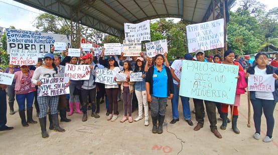 Un grupo de personas protesta en contra de la minería con pancartas en la mano