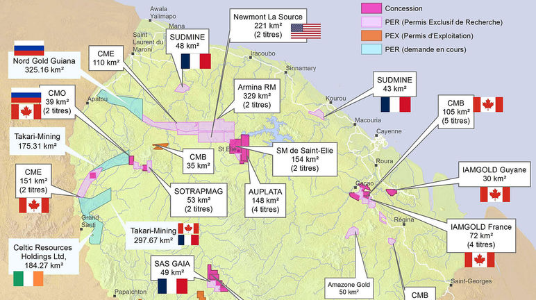 Mapa de concesiones mineras en Guayana, del colectivo Or de question