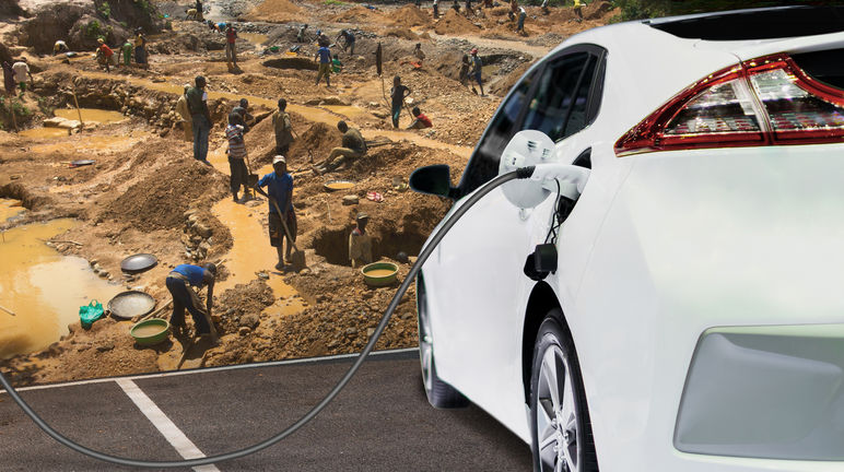 Los coches convencionales son muy perjudiciales para los seres vivos, el medio ambiente y el clima. Pero también la proclamada alternativa, los automóviles eléctricos, igualmente causan graves problemas. Fotomontaje: mineros en Congo y automóvil eléctrico