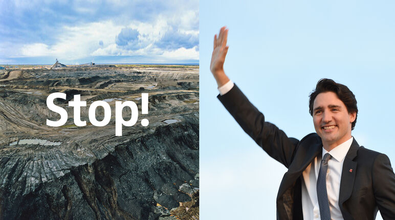 Fotomontaje: paisaje de mina de arenas bituminosas a la izquierda y presidente de Canadá Justin Trudeau a la derecha, saludando