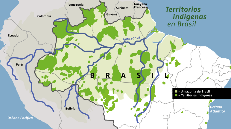 Mapa de la Amazonia brasileña (verde claro) y los territorios indígenas en Brasil (verde oscuro)