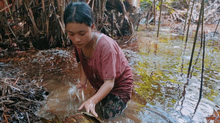 Una joven mentawai lava harina de sagú de una palmera