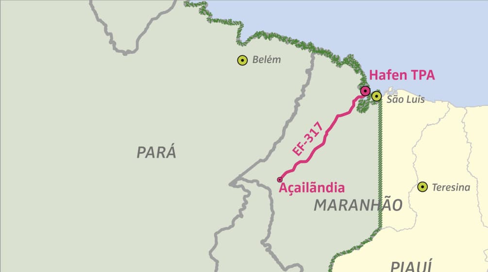 Karte mit Lage des Hafens TPA und der Gütereisenbahn EF-317 zur Amazonia legal in Brasilien