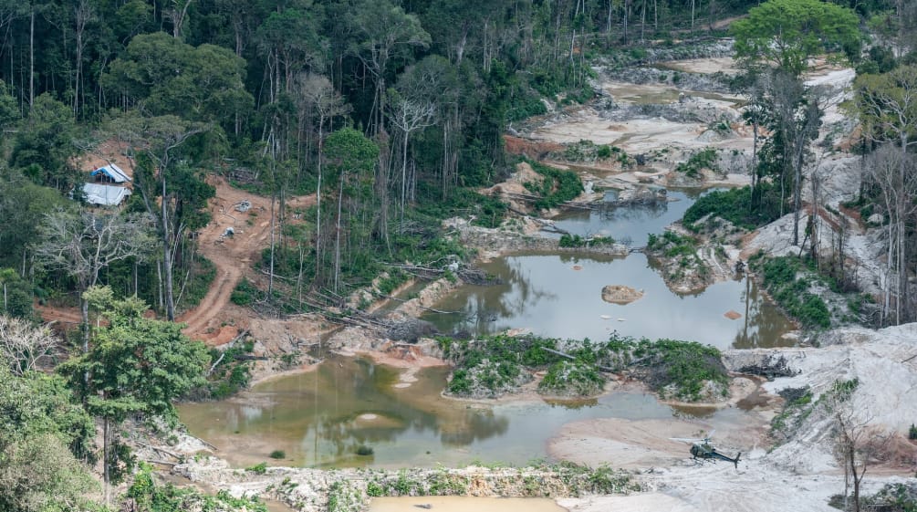 Vista aérea de minería ilegal de oro en la amazonía de Brasil
